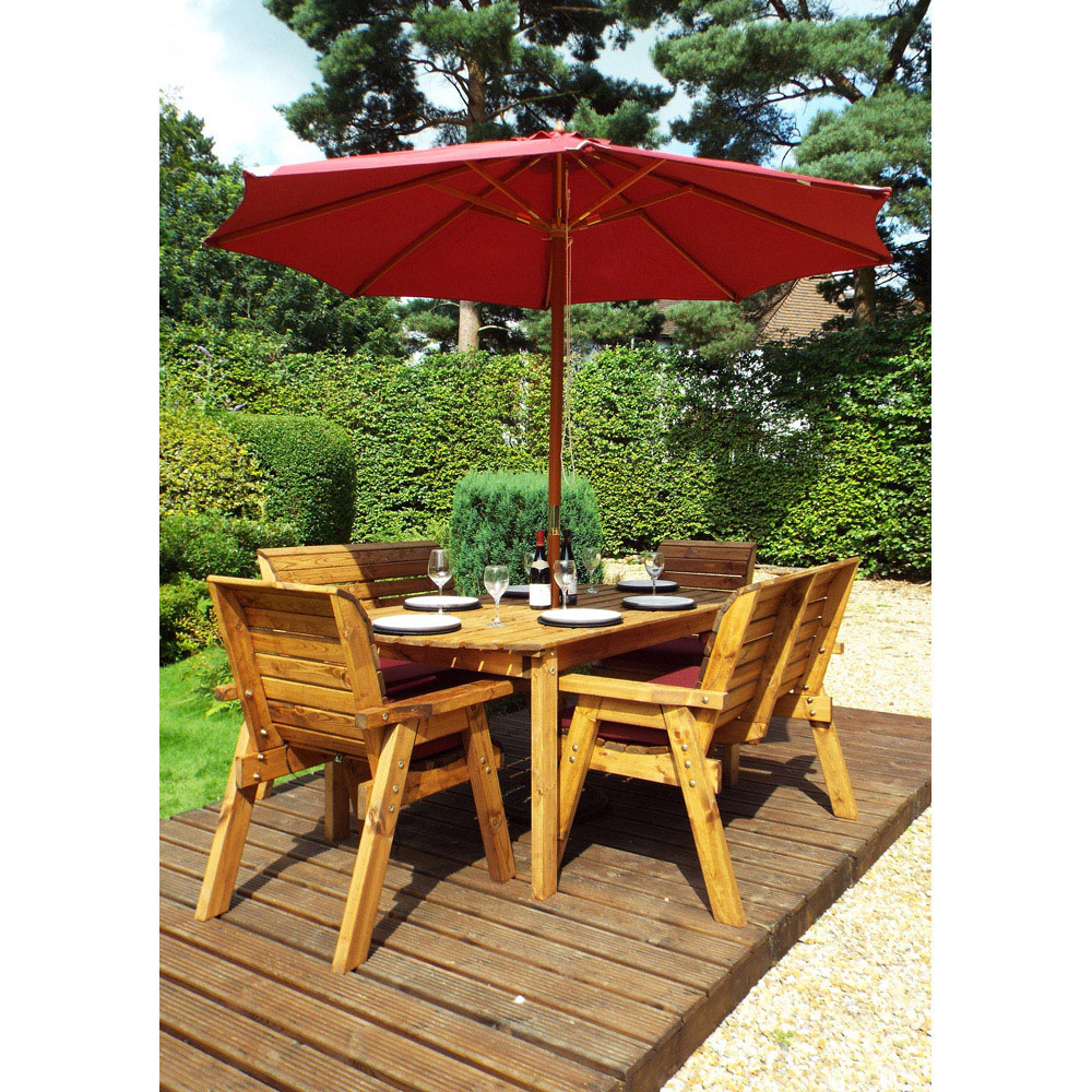 Charles Taylor Solid Wood 6 Seater Rectangular Outdoor Dining Bench Set with Red Cushions Image 7