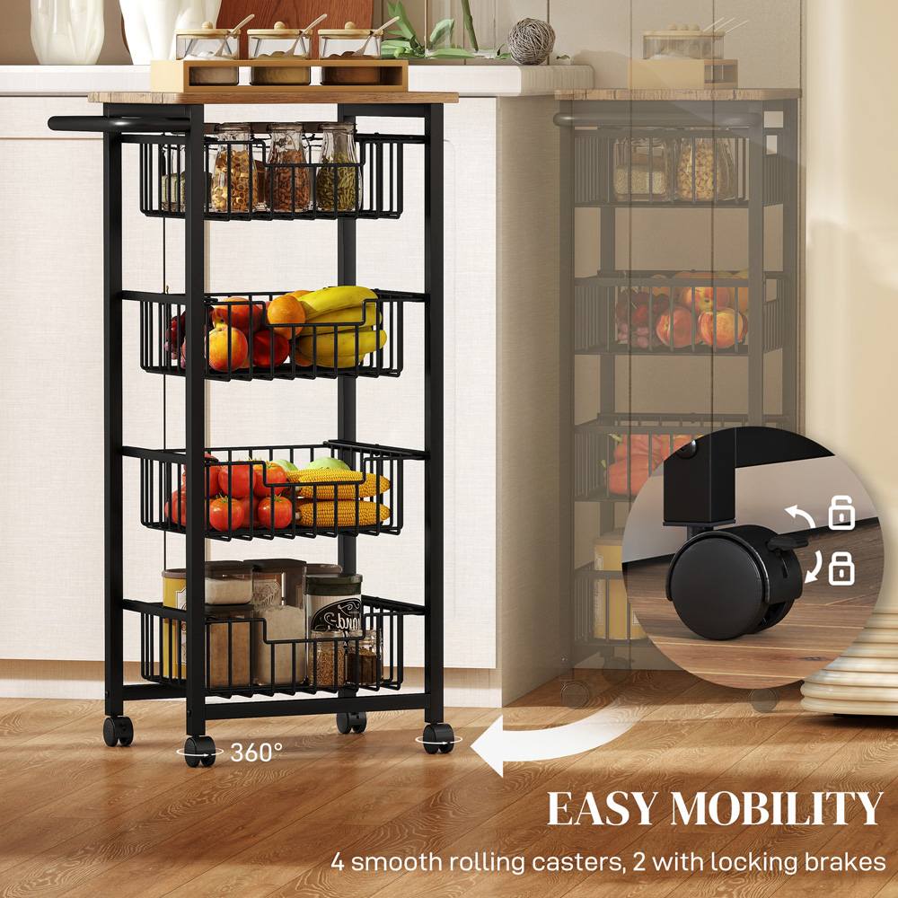 Portland 4 Tier Oak Kitchen Island Trolley with Pull-Out Baskets Image 5