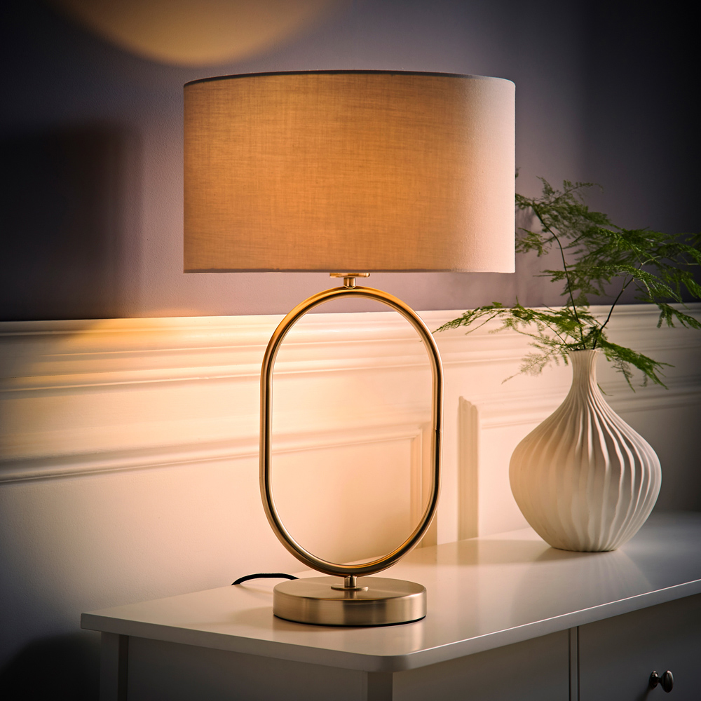 ValueLights Antonia Grey Fabric Drum Lamp Shade Brushed Chrome Oval LED Table Lamp Image 6
