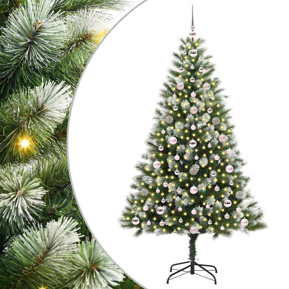 vidaXL Pre-Lit Pink Baubles Green Artificial Snow Tipped Hinged Christmas Tree 6ft Image 2