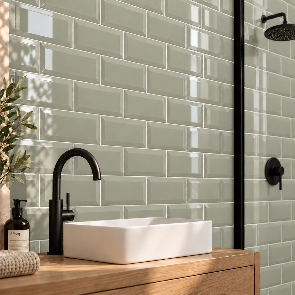 Go Bathrooms Metro Green Sage Gloss Ceramic Wall Tile 100 x 200mm 50 Pack Image 3