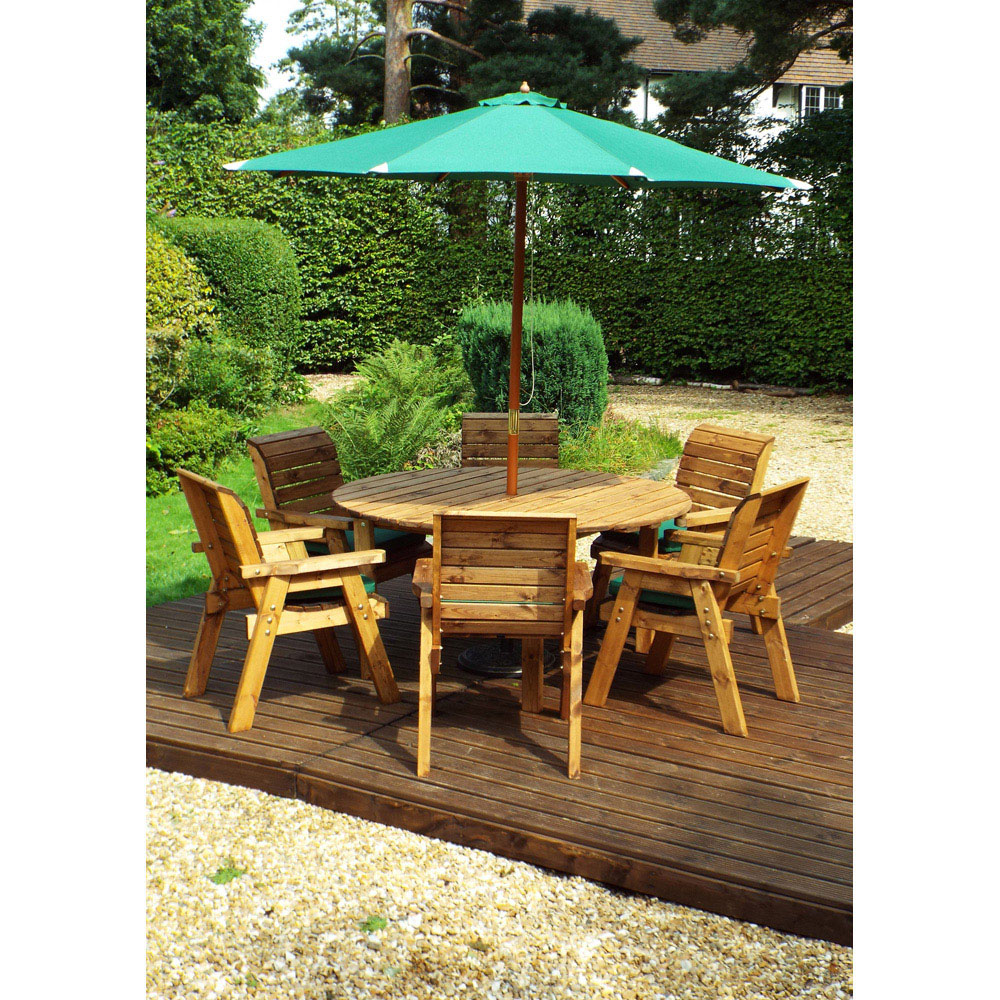 Charles Taylor Solid Wood 6 Seater Round Outdoor Dining Set with Green Cushions Image 8