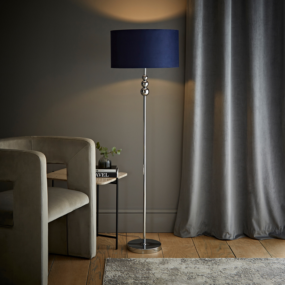 ValueLights Marissa Reni Navy Blue Velvet Shade and Chrome Ball LED Floor Lamp Image 2