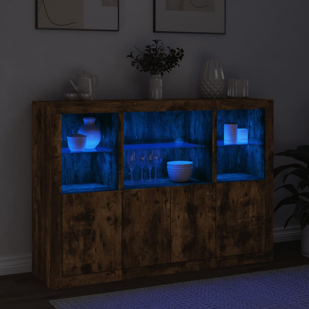 vidaXL 4 Door 6 Shelf Smoked Oak Wide Sideboard with LED Lights Image 3