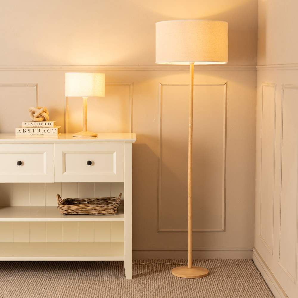 ValueLights Triston White Edge Drum Shade Light Wood LED Floor Lamp Image 3