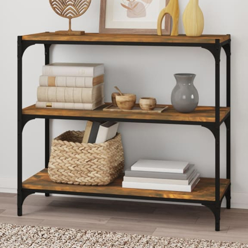 vidaXL 3 Shelf Smoked Oak Wood and Steel Bookcase Image 1