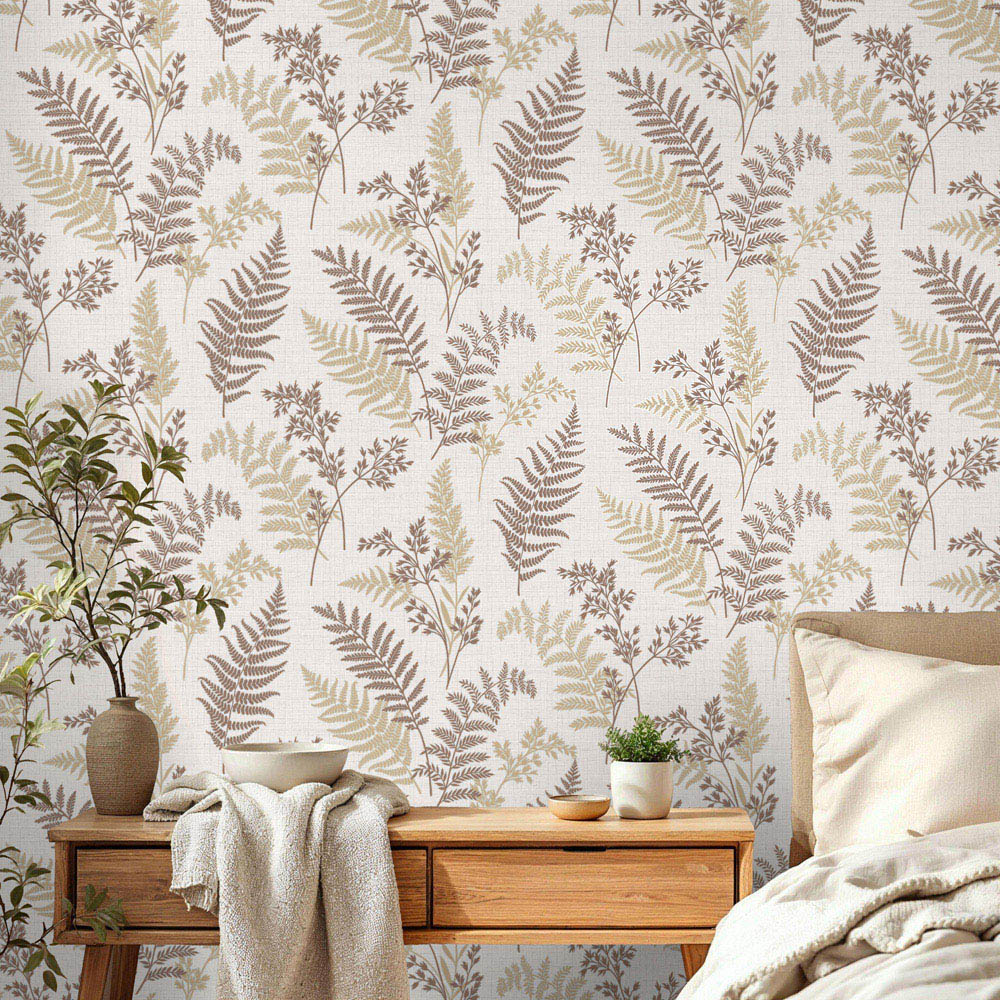 Fine Décor Fern Textured Linen Fabric Effect Mocha Wallpaper Image 3