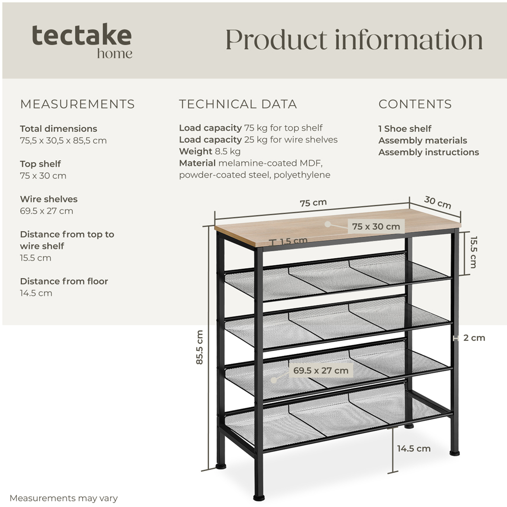 tectake Bournemouth 4 Grid Shelf Oak Sonoma Shoe Rack Image 9