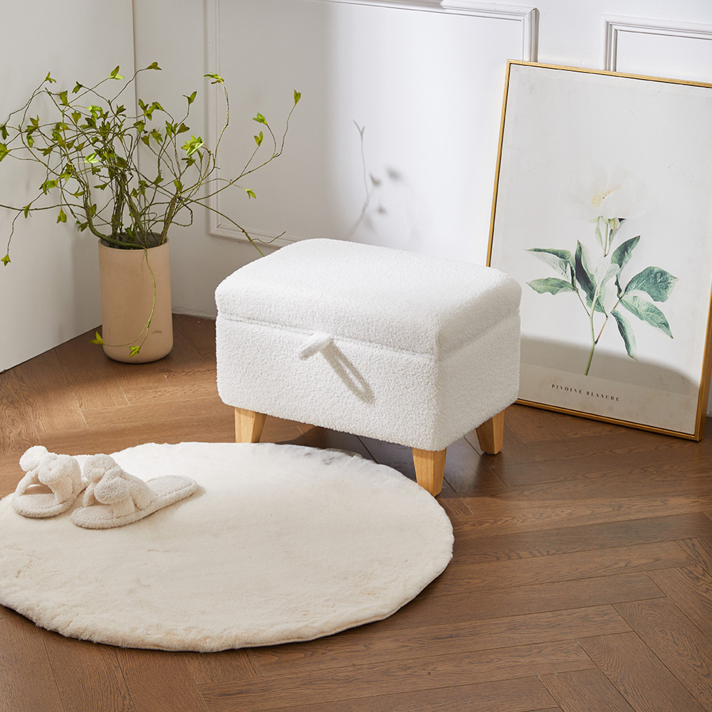 Living and Home White Teddy Fleece Upholstered Storage Ottoman Image 8