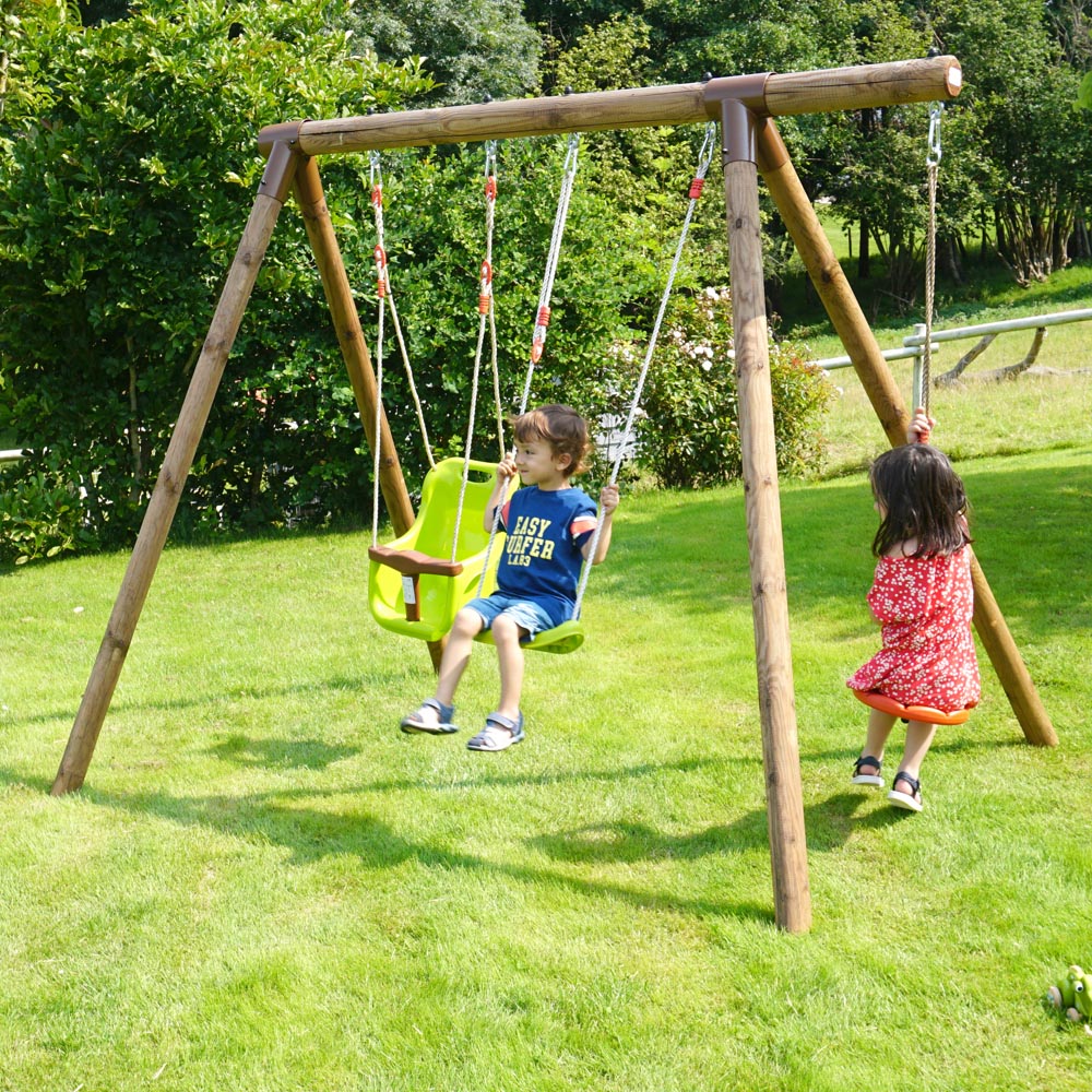 Soulet Tiago Kids Wooden Double Swing Set with Rope Disc Image 4
