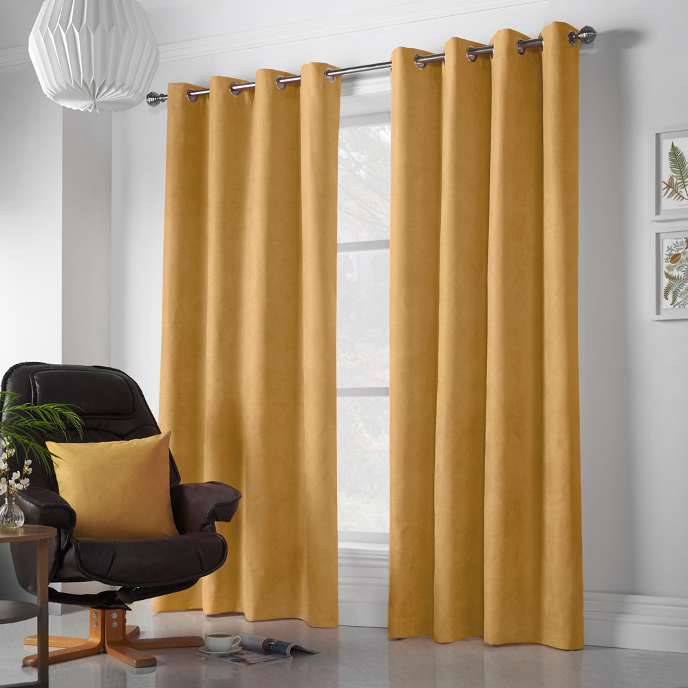 Alan Symonds Ochre Velvet Chenille Ring Top Eyelet Curtains 142 x 229cm Image 4