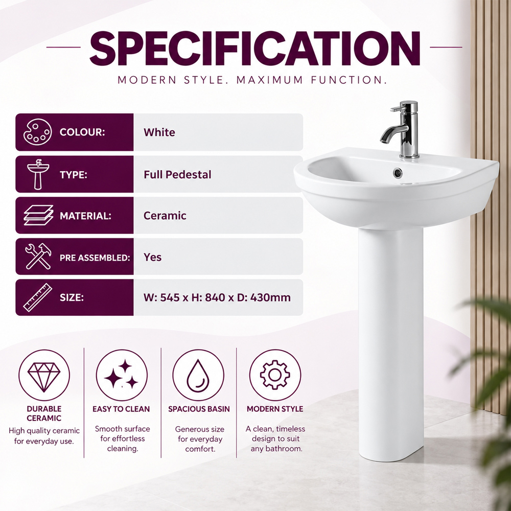 Go Bathrooms White Ceramic Curved Full Pedestal and Basin Image 5
