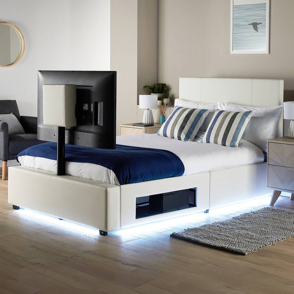 XR Living Ava Small Double White PU Upholstered TV Bed with Underbed Lights Image 1