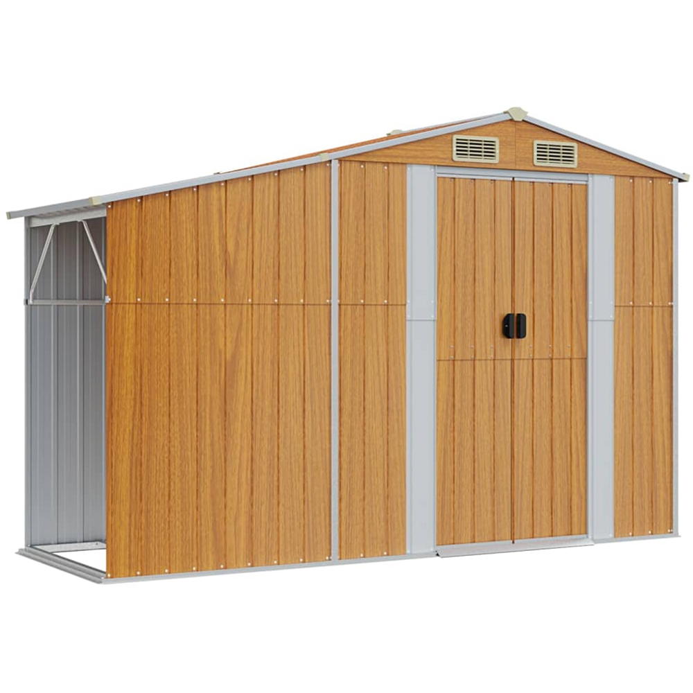 vidaXL 9 x 3.5ft Brown Galvanised Steel Apex Garden Shed with Firewood Stand Image 1