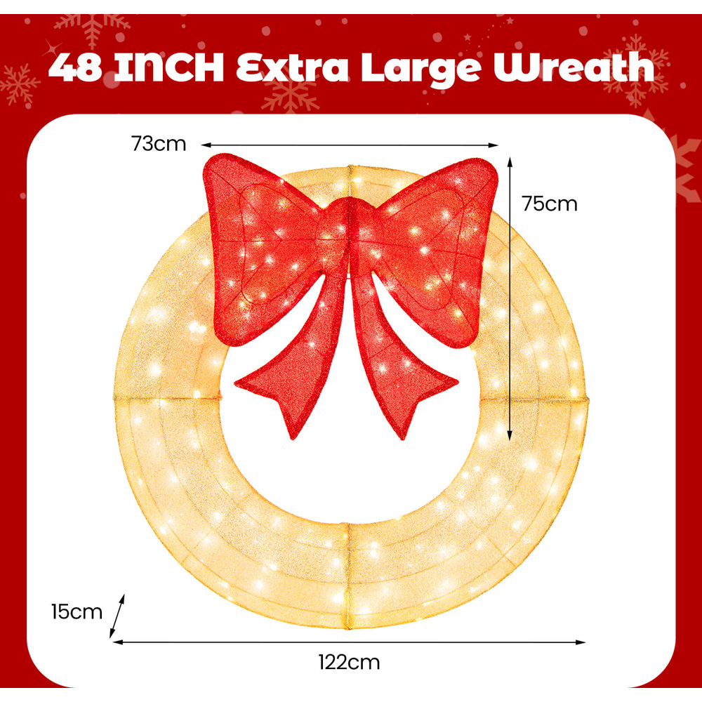 Costway 200 LED Pre-Lit Wreath with Red Bow Christmas Decoration Image 7