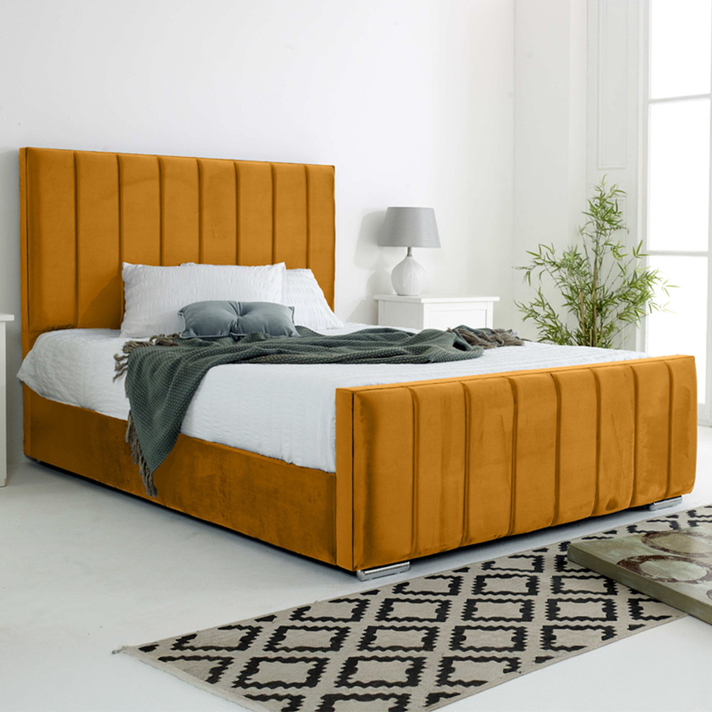Eleganza Coraline Single Mustard Plush Velvet Bed Frame with Headboard and Footboard Image 1