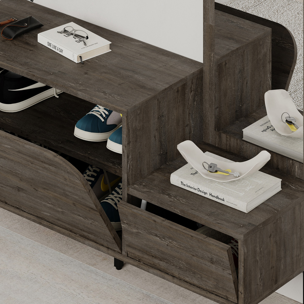 Decortie Mila 2 Door Dark Coffee Shoe Cabinet with Mirror and Coat Stand Image 3