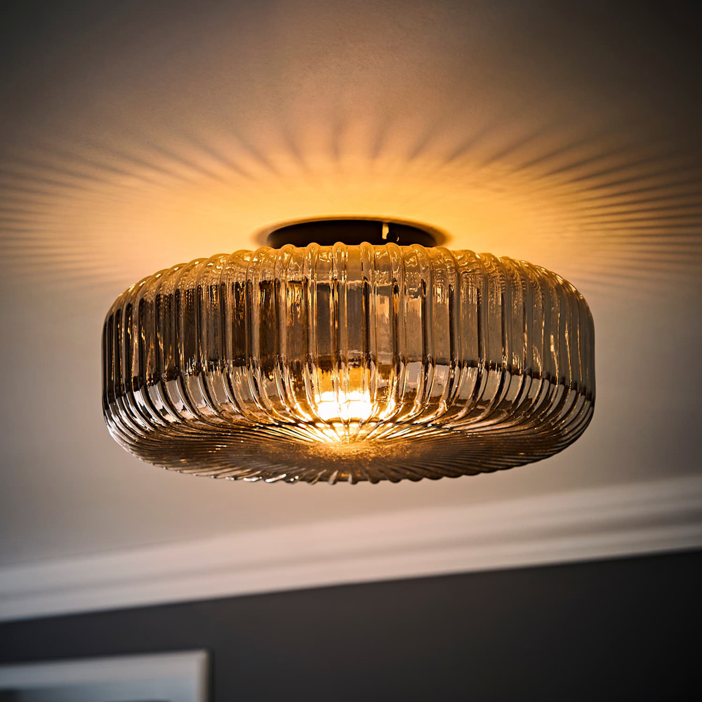 ValueLights Calpe Ribbed Smoked Shade Large Matte Black Flush Ceiling Light with Bulb Image 2
