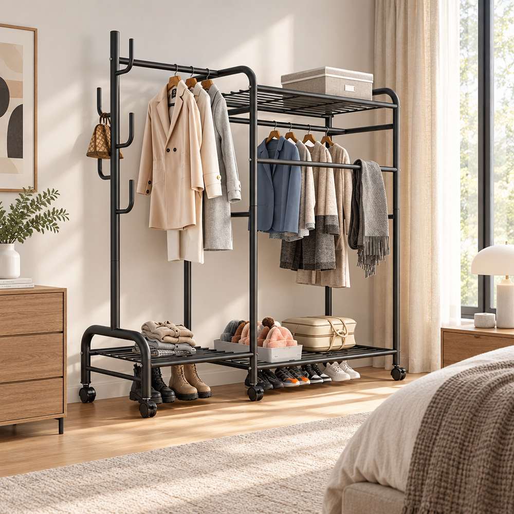 Modcraft 3 Shelf Black Heavy Duty Double Clothes Rail Rack with Wheels Image 4
