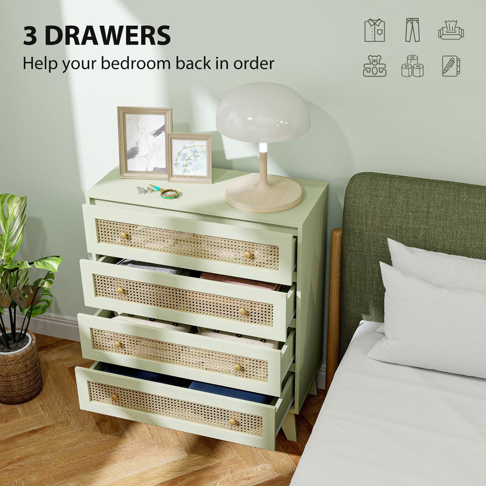 HOMCOM 4 Drawer Light Green Rattan Chest of Drawers Image 7