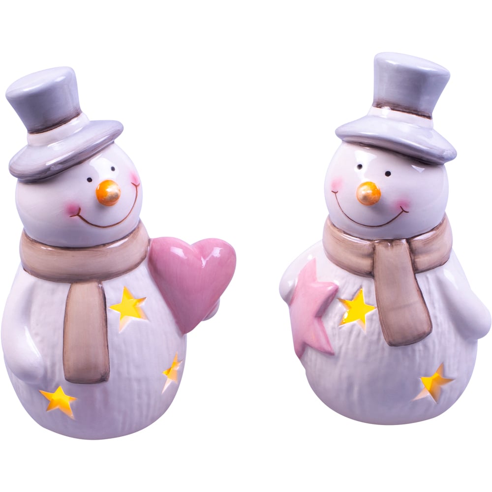 St Helens 2 Piece LED White Ceramic Snowman Decoration Set Image 1