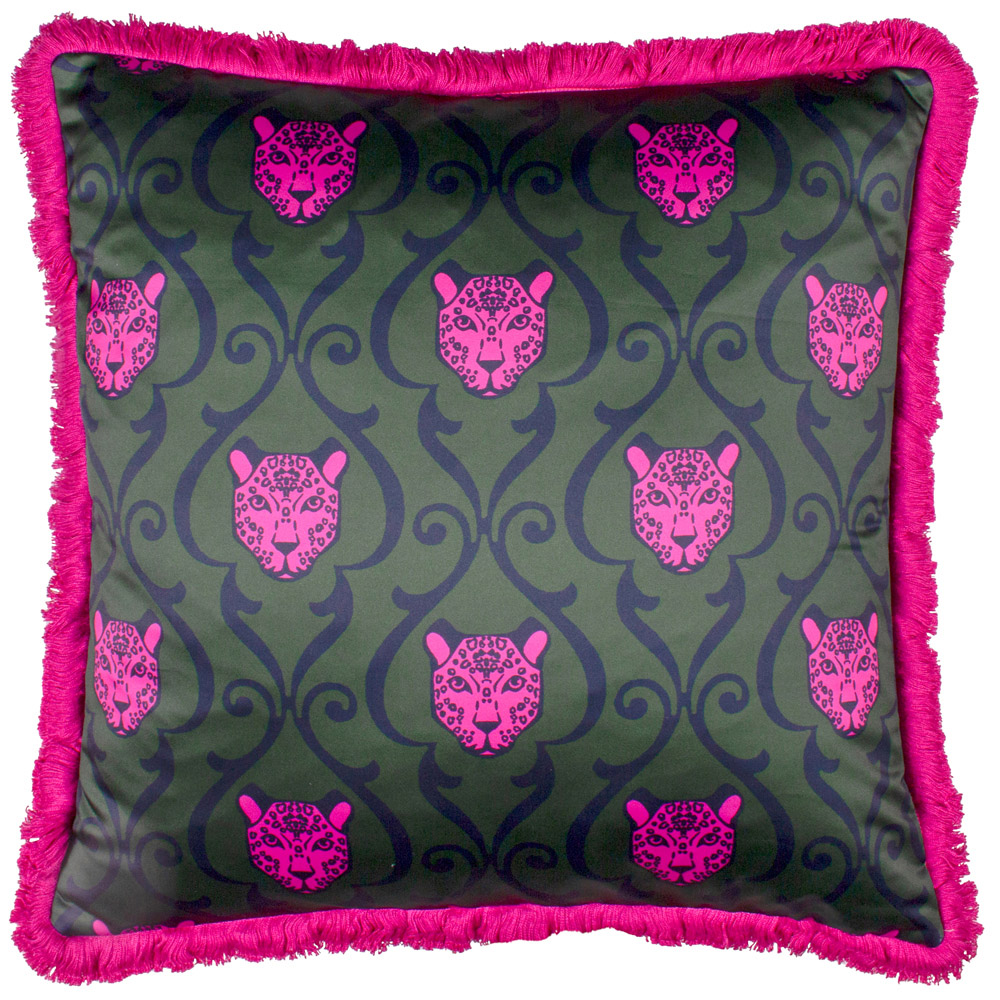 Paoletti Lupita Emerald and Pink Fringed Cushion Image 1