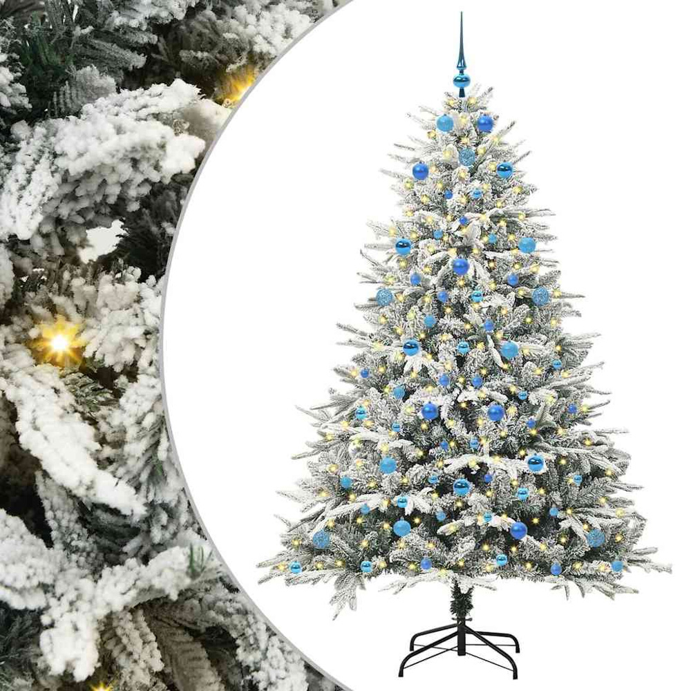 vidaXL 300 LED Pre-Lit Blue Baubles Green Artificial Snow Flocked Christmas Tree 7ft Image 2