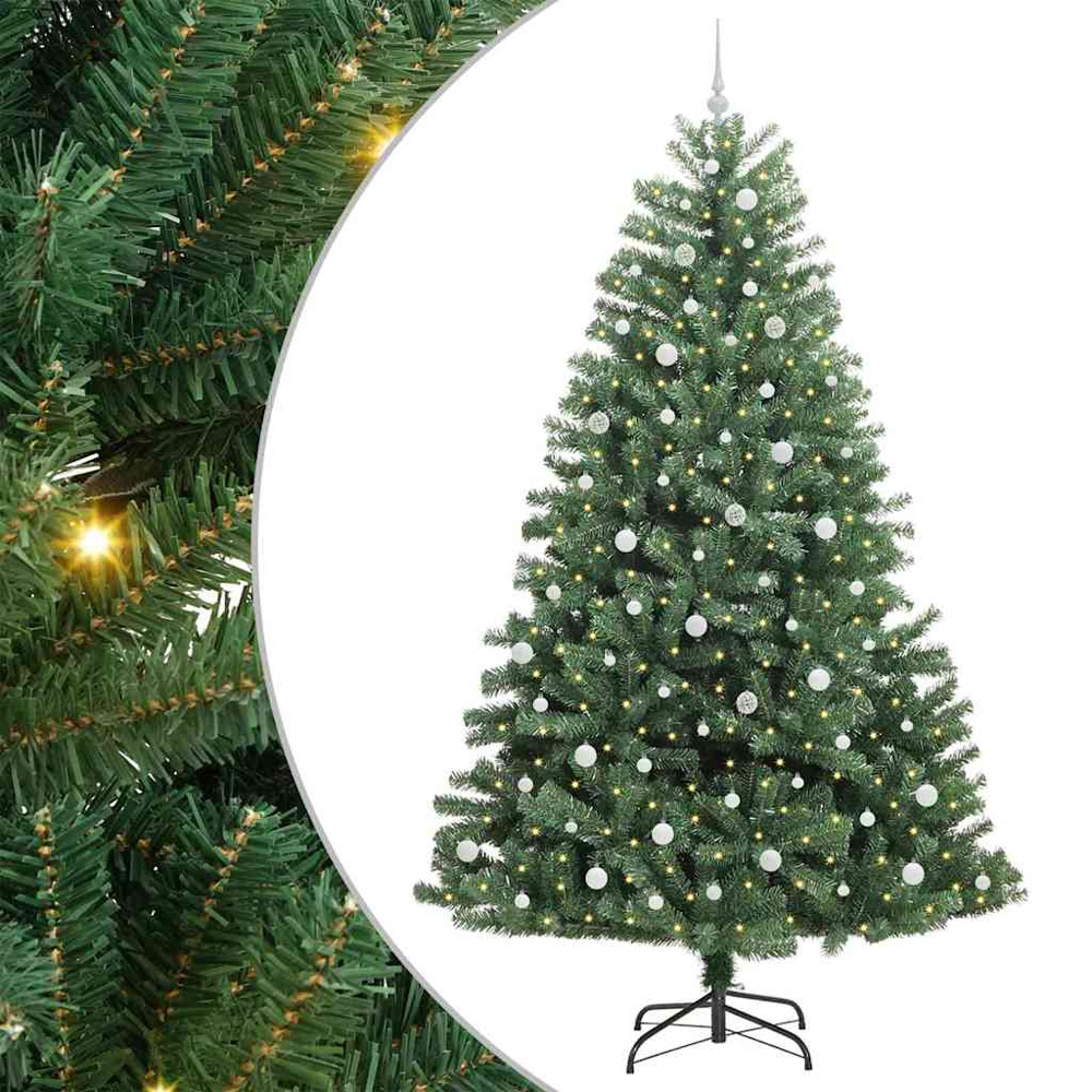 vidaXL Pre-Lit White Baubles Green Artificial Hinged Christmas Tree 8ft Image 2
