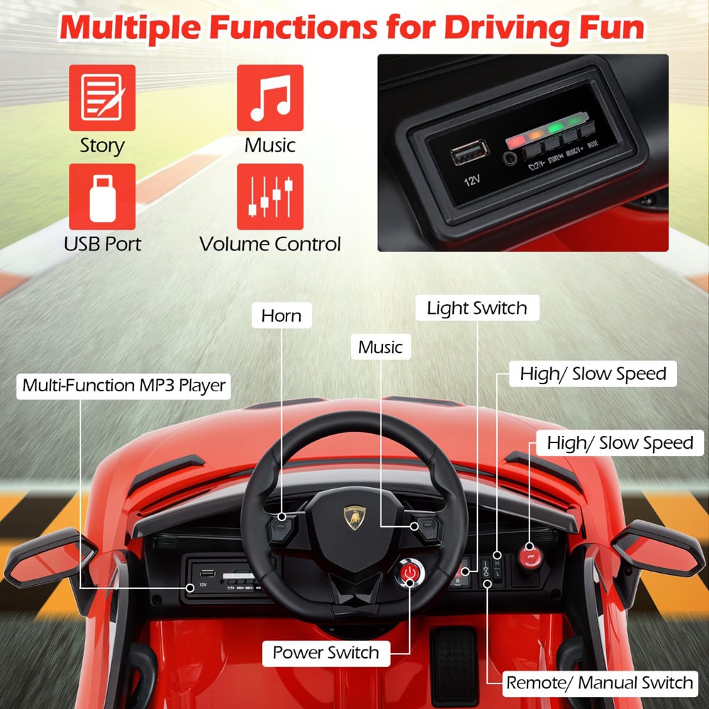 Costway Kids Red Licensed Lamborghini Ride On Car with Remote Control and LED Headlight 12V Image 4