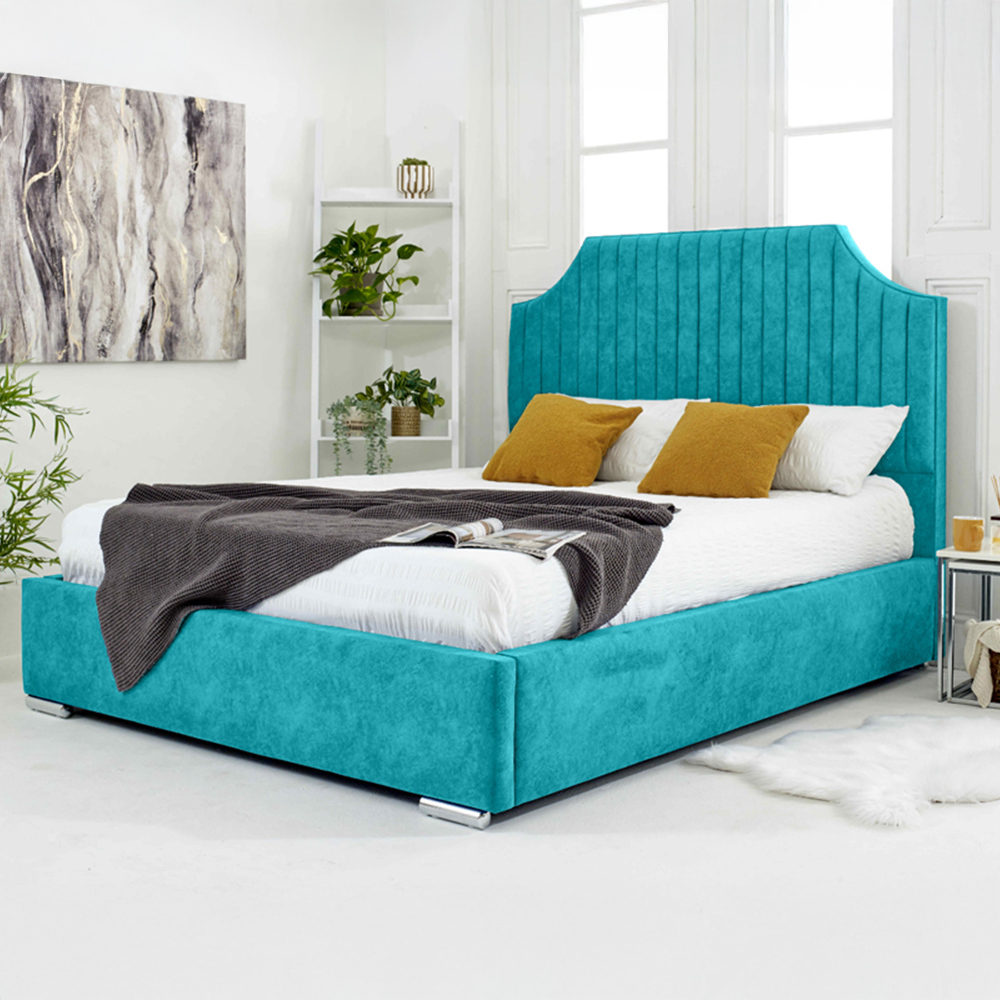 Eleganza Ascend King Size Teal Plush Velvet Bed Frame with Lined Headboard Image 1