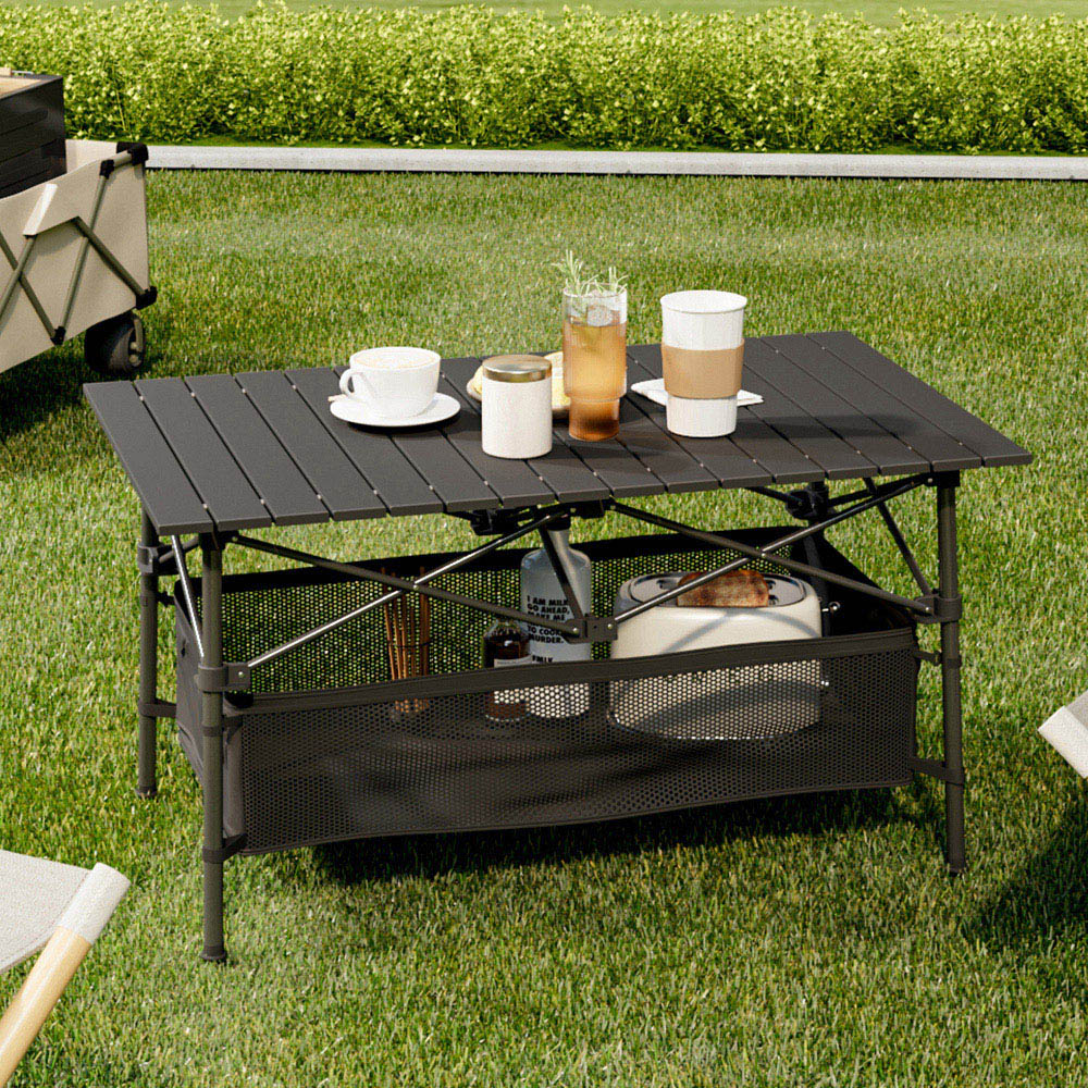 Living and Home Aluminium Roll Top Foldable Camping Table with Mesh Shelf and Basket Image 7
