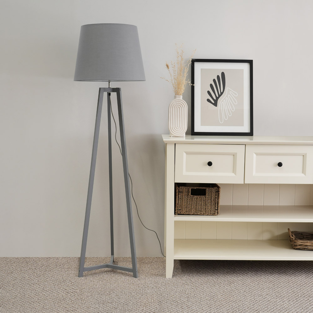 ValueLights Lottie Grey Fabric Tapered Shade Grey Wood Tripod LED Floor Lamp Image 3