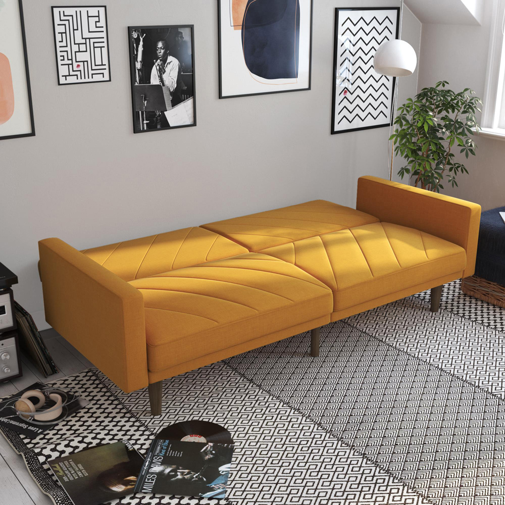 Dorel Paxson 3 Seater Linen Mustard Sofa Bed with Wooden Feet Image 8