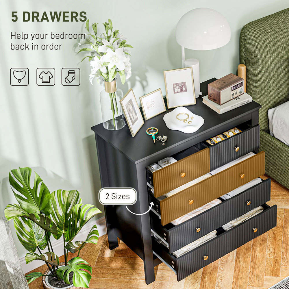 Portland 5 Drawer Black Fluted Chest of Drawers with Gold Tone Handles Image 8
