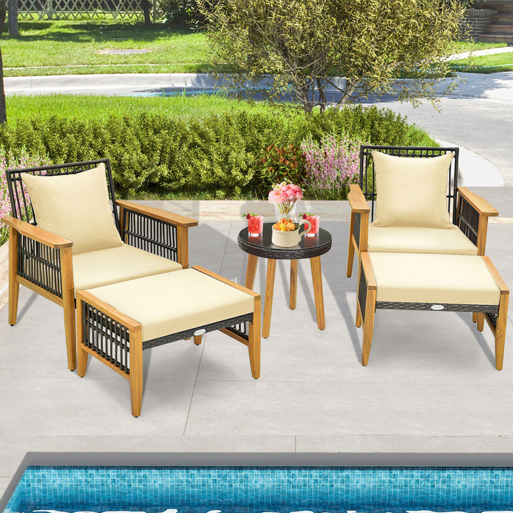 Costway 2 Seater Brown Wicker Woven Chair Set with Ottoman Image 1