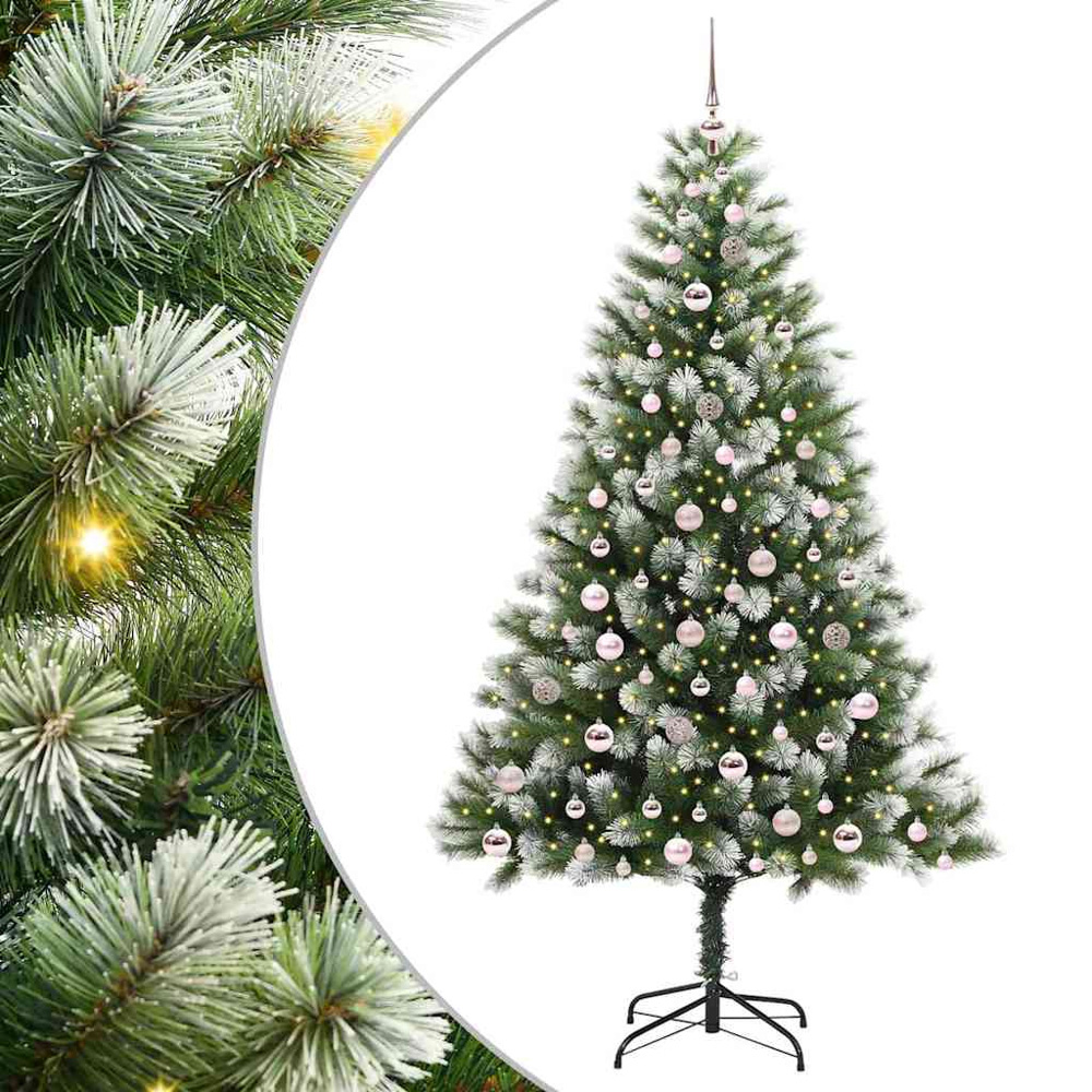 vidaXL Pre-Lit Pink Baubles Green Artificial Snow Tipped Hinged Christmas Tree 7ft Image 2