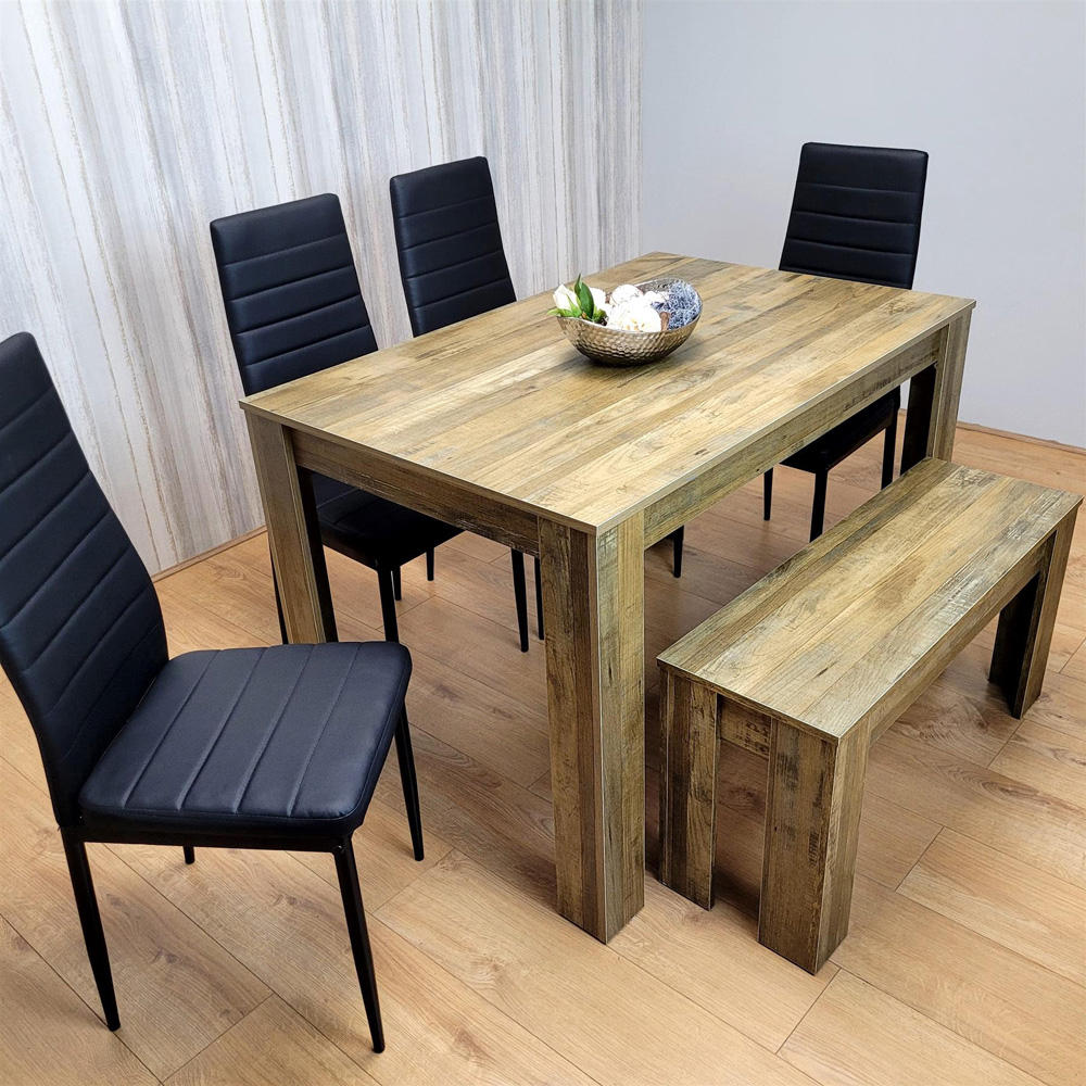 Kosy Koala 6 Seater Wood and Faux Leather Dining Bench Set Rustic Effect and Black Image 3