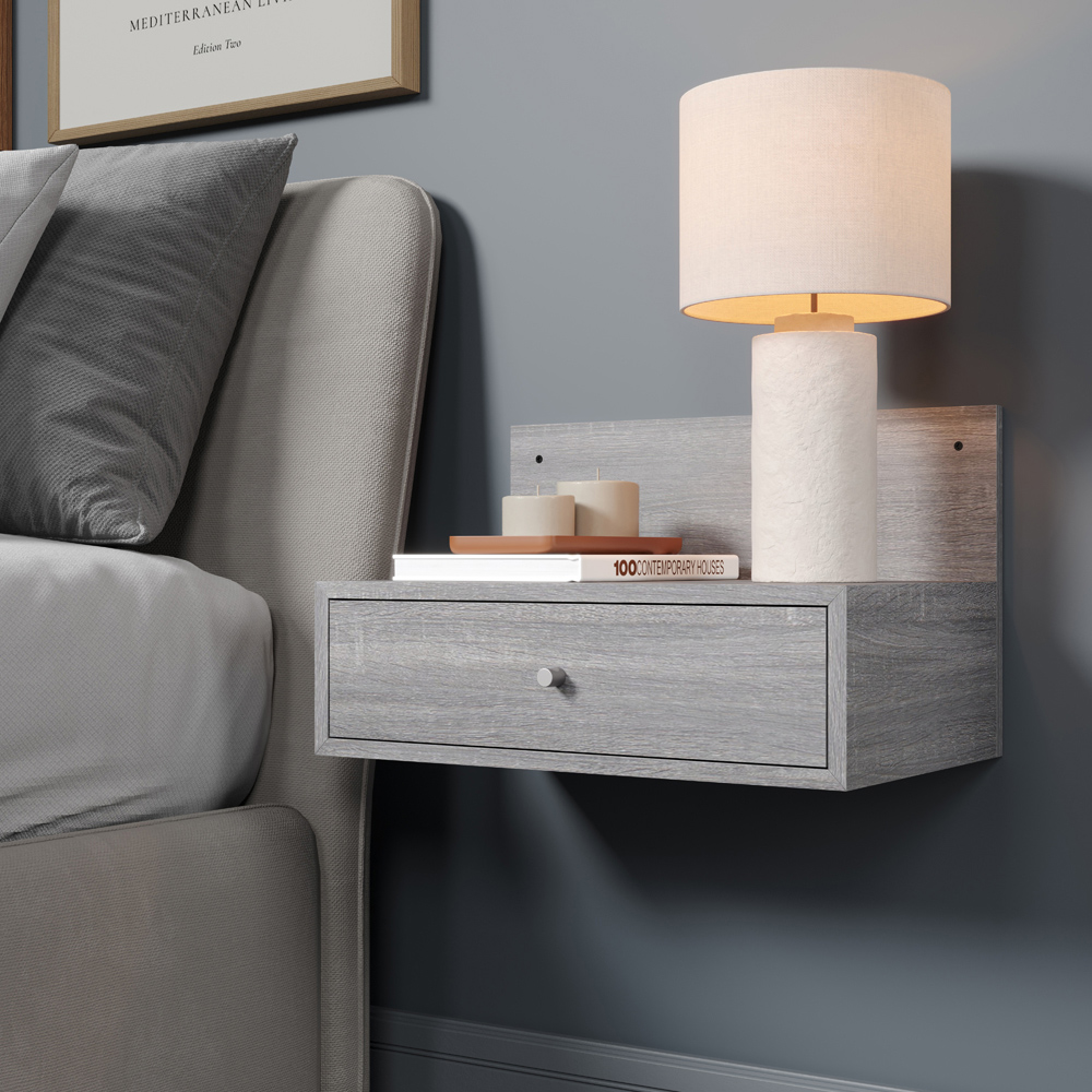 Core Products Kelly Single Drawer Grey Oak Effect Wall-Mounted Open Bedside Table Set of 2 Image 7