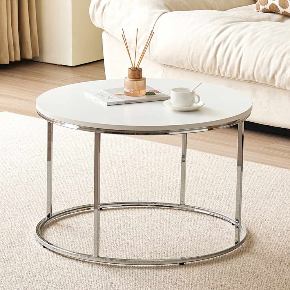 Circular Coffee Table With Silver Metal Frame and Wood White Tabletop Image 6