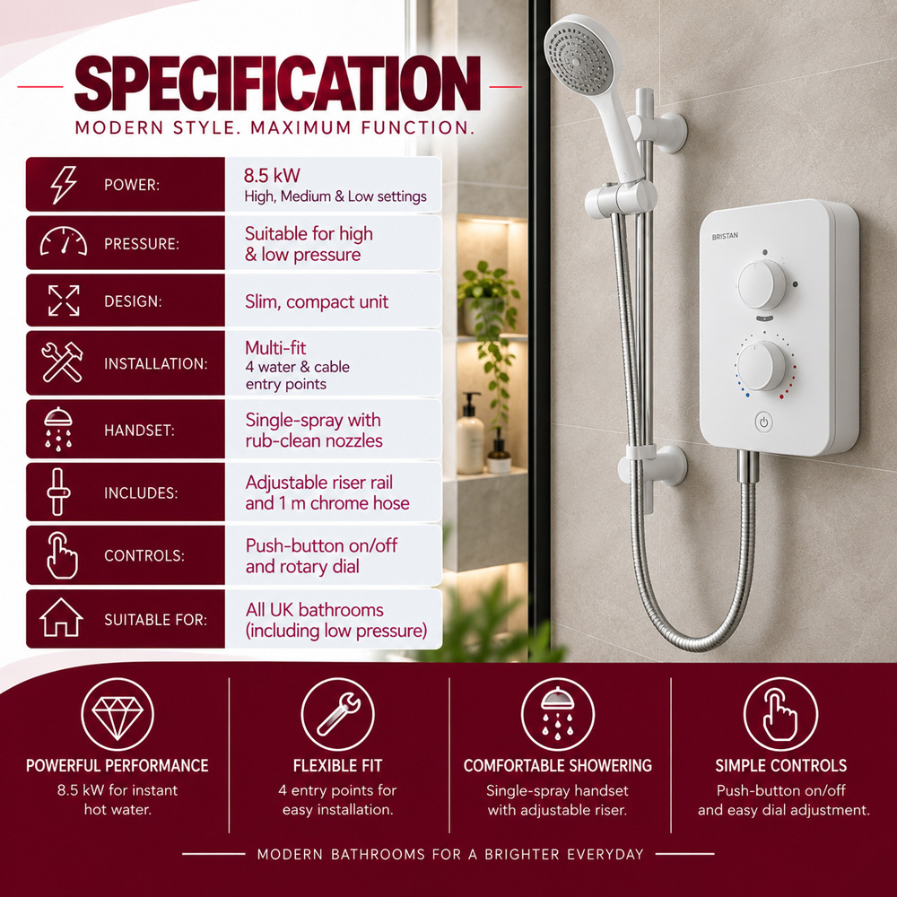 Go Bathrooms Gainsborough Polar White Slim Mono Electric Shower with 3 Power Settings 8500W Image 4