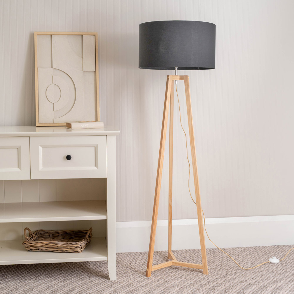 ValueLights Lottie Charcoal Grey Fabric Drum Shade Natural Wood Tripod LED Floor Lamp Image 3