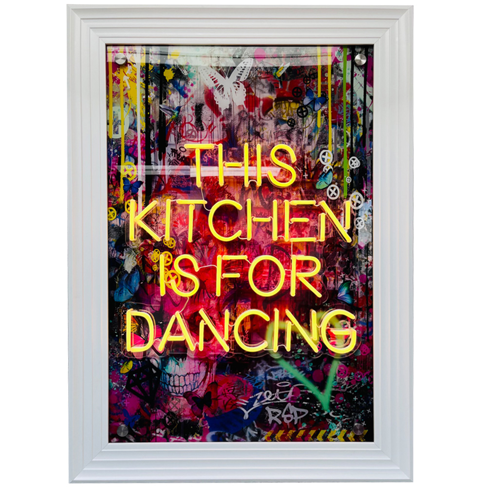 Splashbax This Kitchen is for Dancing White Premium Gallery Frame LED Neon Wall Art Image 1