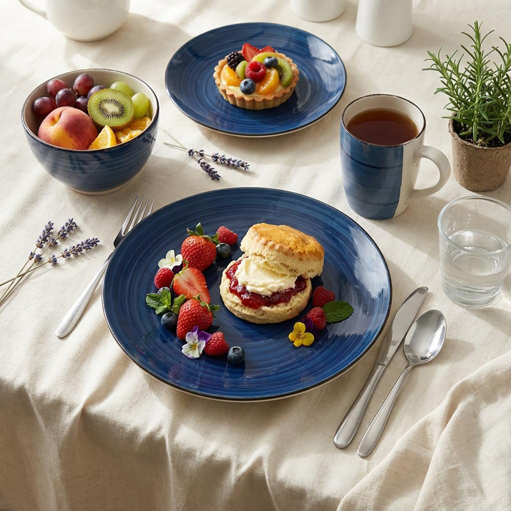 Alivio Spiral Glaze Blue Lead-Free Porcelain 16 Piece Dinner Set Image 2
