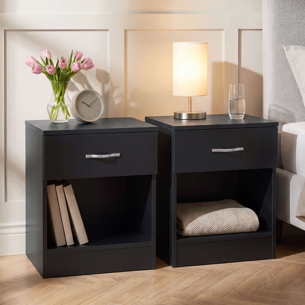 Vida Designs Riano Single Drawer Single Shelf Black Melamine Finish Bedside Table Set of 2 Image 1