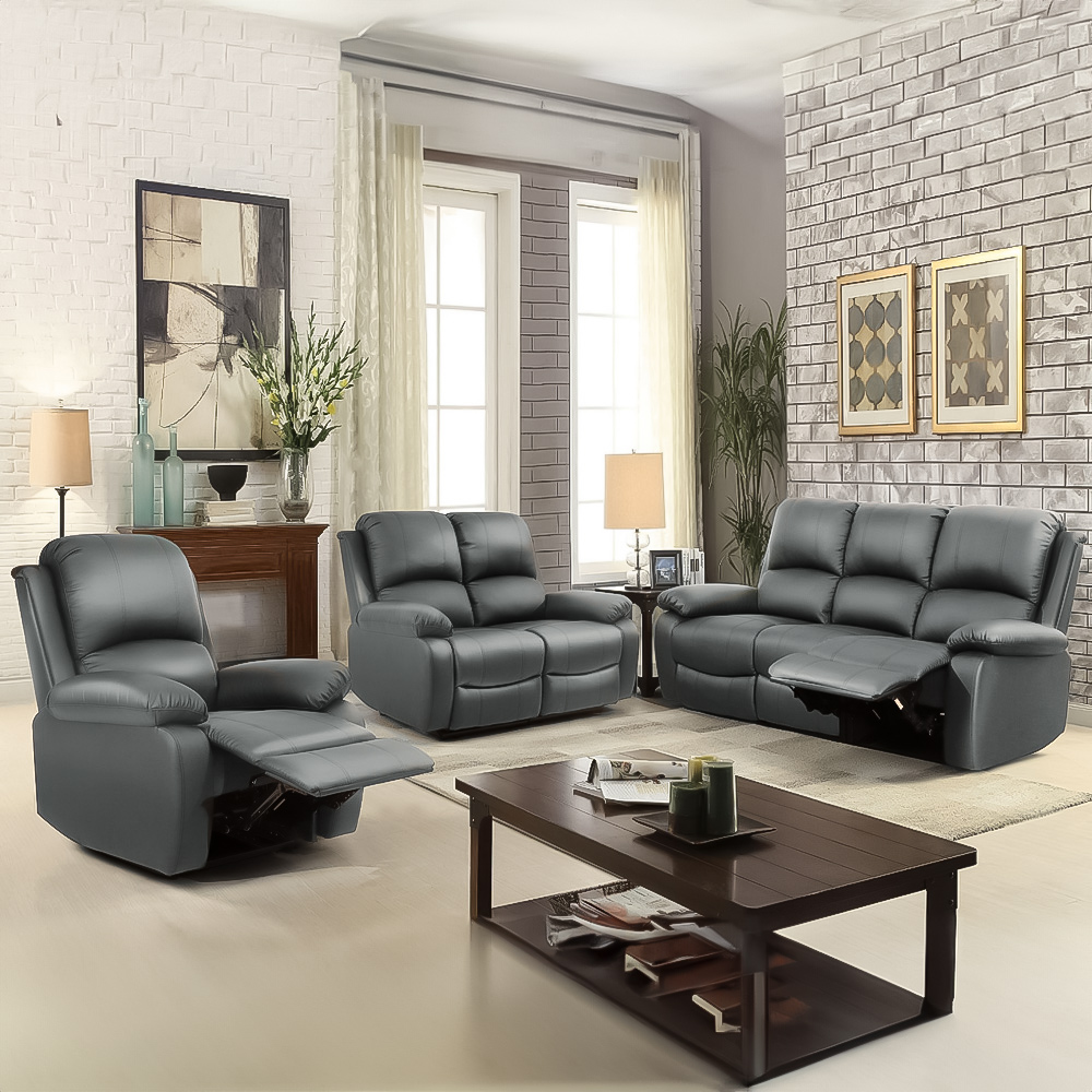 Brooklyn 6 Seater Dark Grey Bonded Leather Manual Recliner Sofa Set Image 1