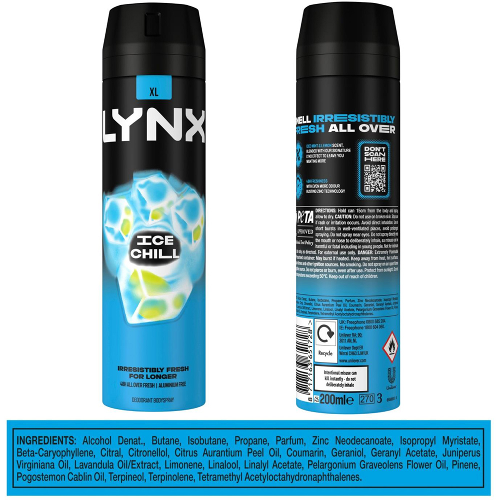 Lynx XL Ice Chill Iced Mint and Lemon 48H Sweat Protection Deodorant Body Spray 200ml 3 Pack Image 8