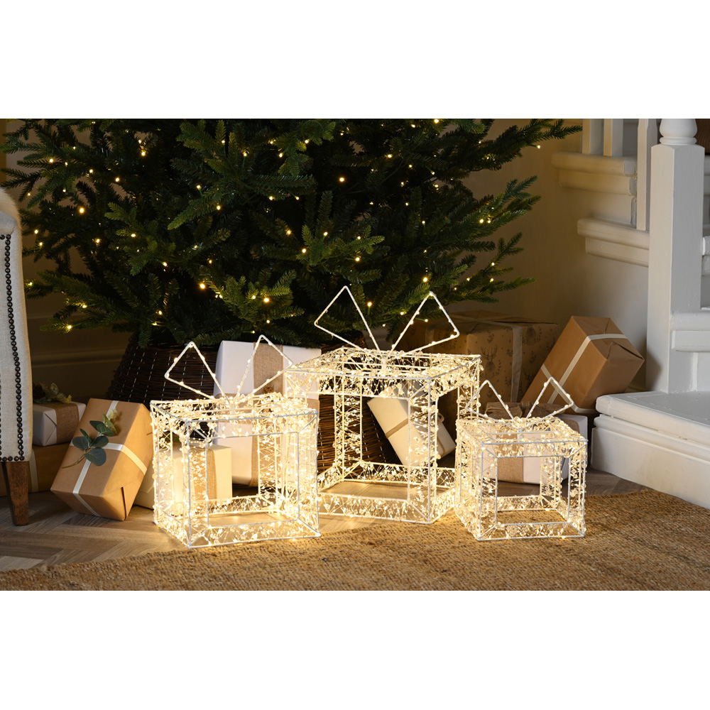 Festive 3 Piece Warm White LED Twinkling Open Beaded Parcels Christmas Decoration Image 2