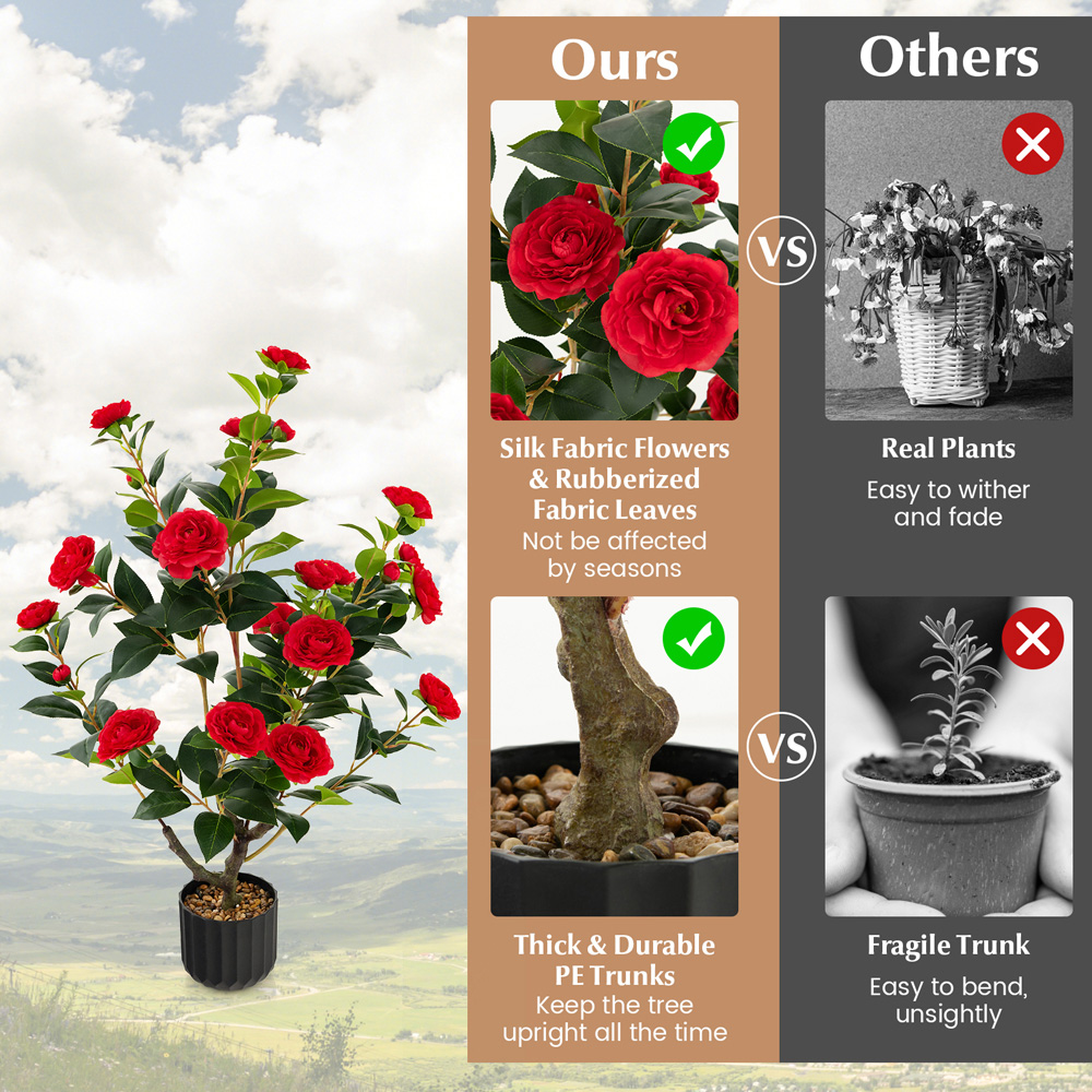 Costway Red Flowers Camellia Tree Artificial Plant In Pot 3.1ft 2 Pack Image 5