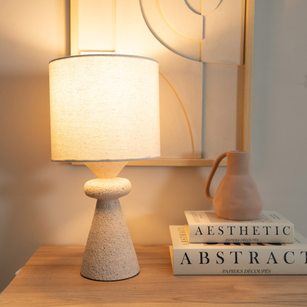 ValueLights Cady Stone Effect Natural Drum Shade LED Table Lamp Image 2