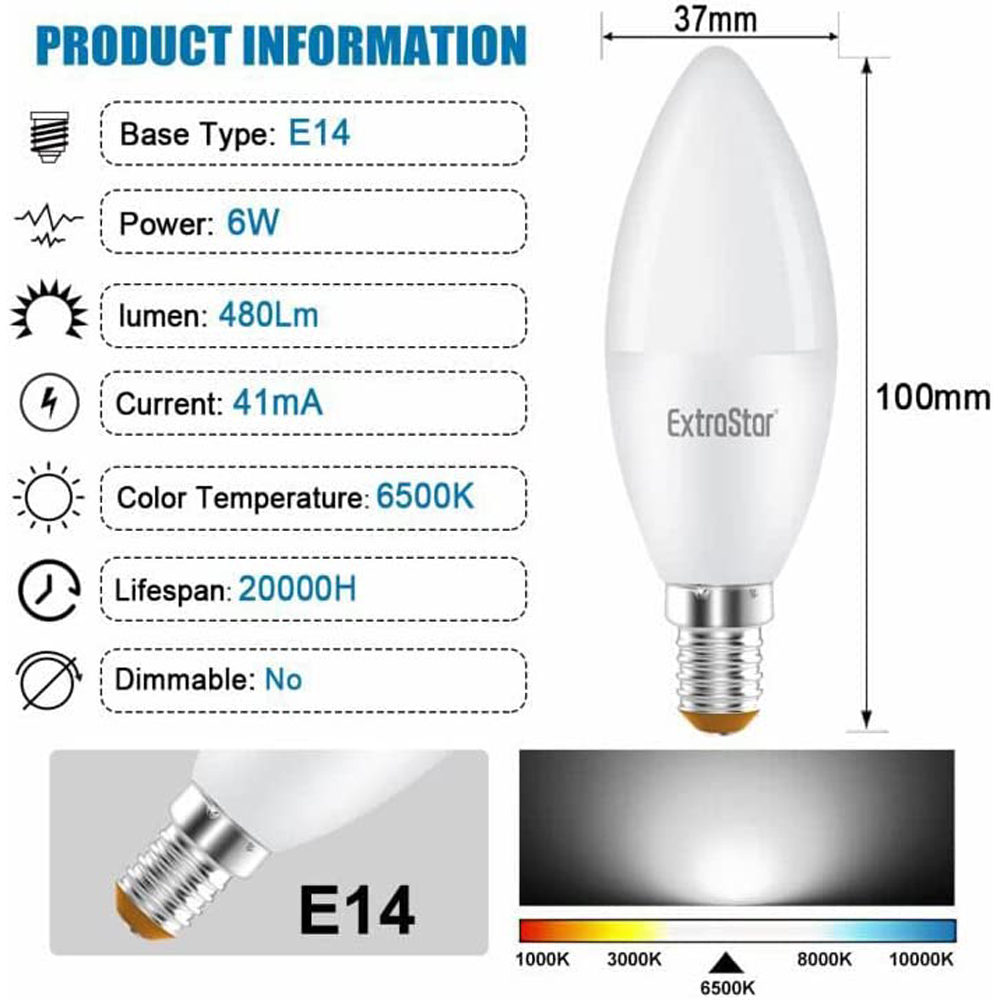 ExtraStar 10 Pack E14 LED 6W Daylight Candle Bulb Image 4